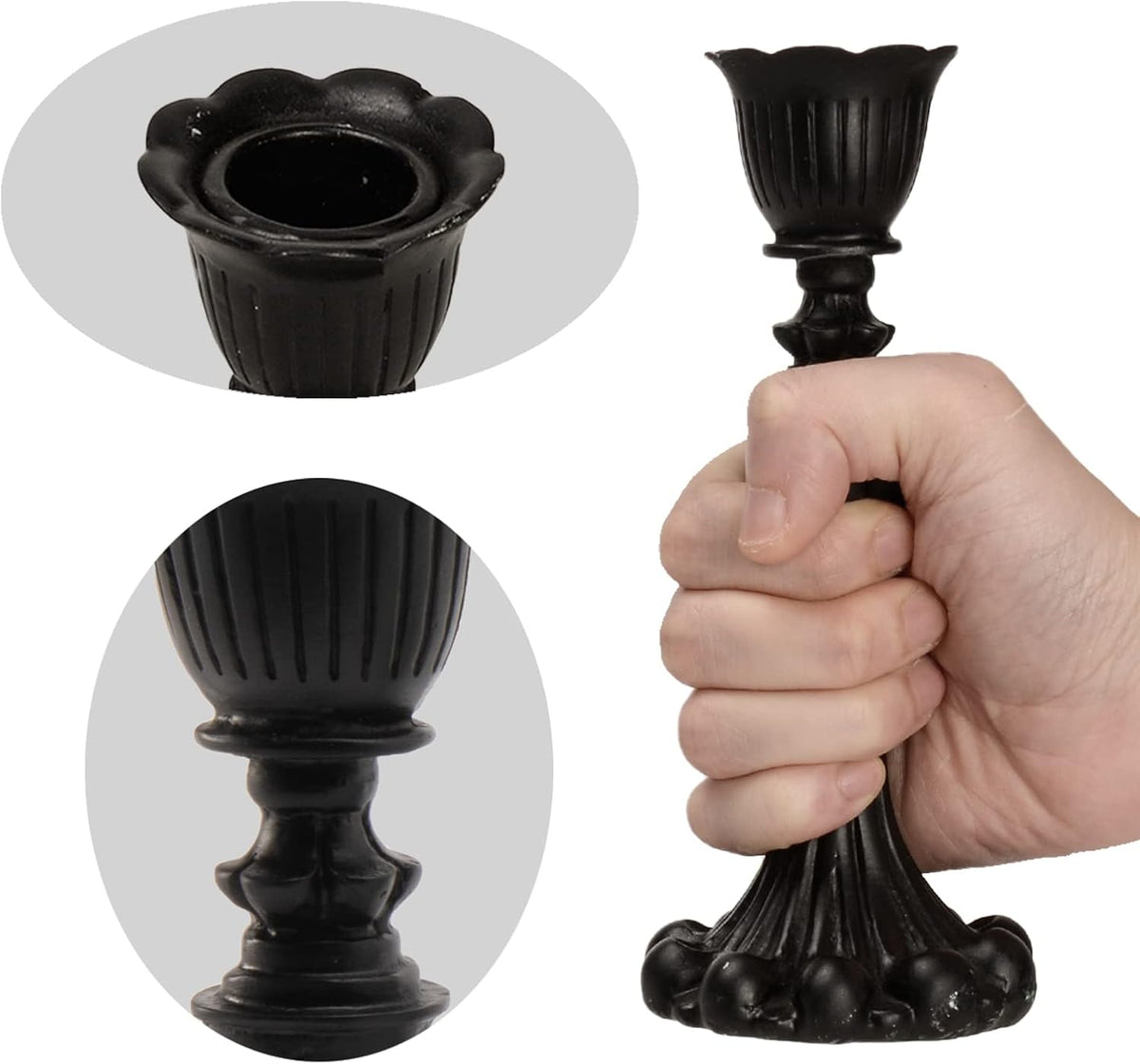 Staggered height black candle holders close up view