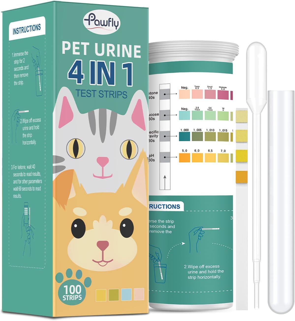 Pawfly Urine Test Strips, 100 Strips, Pet Urine Testing Strips for Ketone, Glucose, Specific Gravity & pH, Urinalysis Test Strips for Vets - Image 1