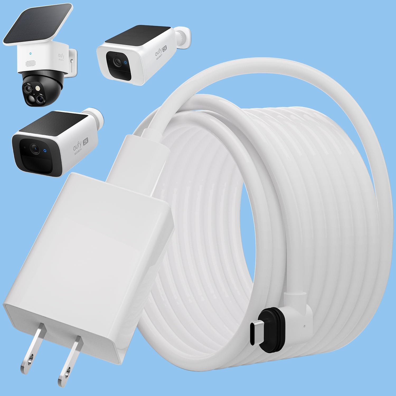 Uogw security camera power extension cable white twenty foot front view showcasing the custom type c connector head
