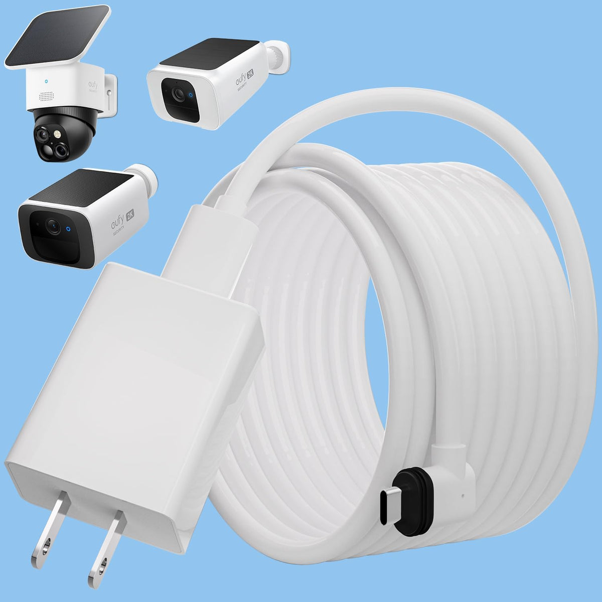 Uogw security camera power extension cable white twenty foot front view showcasing the custom type c connector head