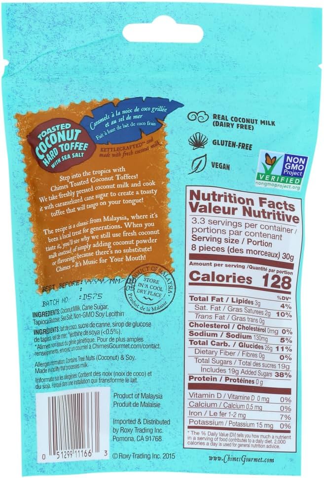 Two bags of Chimes Toasted Coconut Hard Toffee showing gluten-free labeling