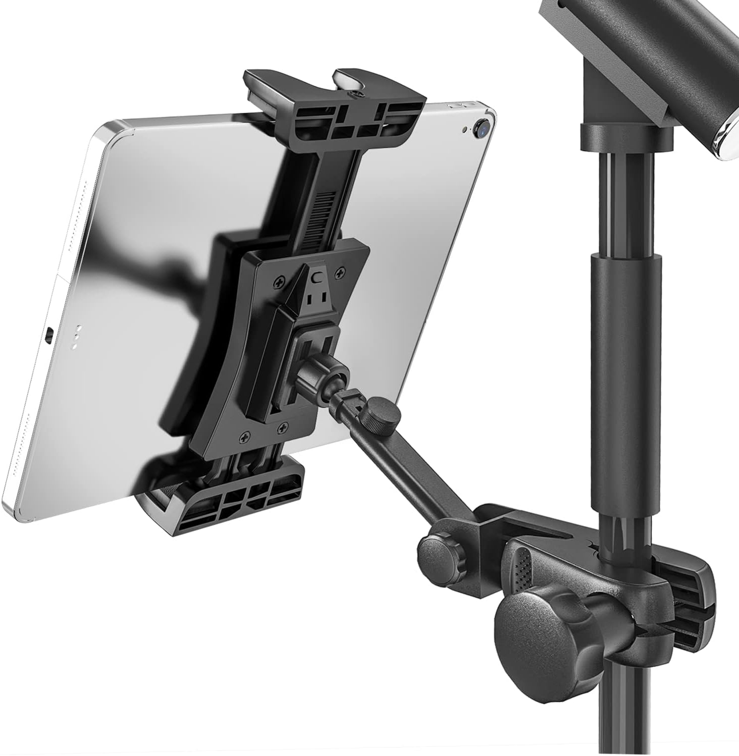 Jubor microphone music stand tablet holder front view displaying secure corner clamps holding an iPad on a stage pole.