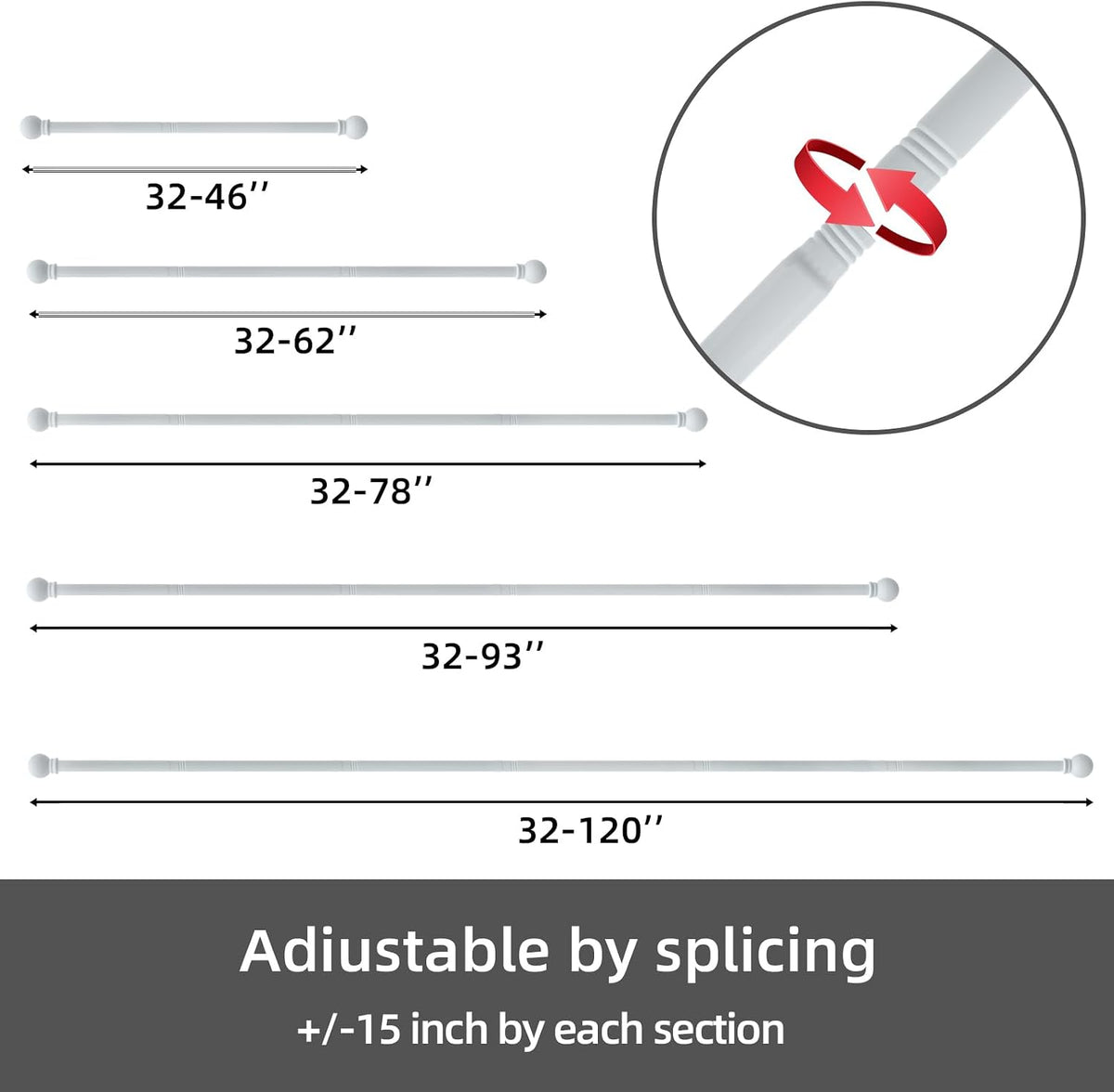 Adjustable window drapery rod components and hardware kit