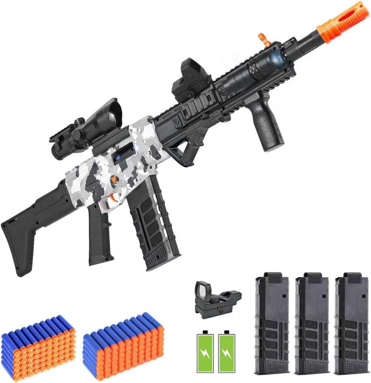 Afqjf realistic toy foam blaster sniper rifle front view showing white camouflage body layout