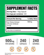 BulkSupplements Tart Cherry 500mg supplement label detailing clean antioxidant ingredients and serving size info