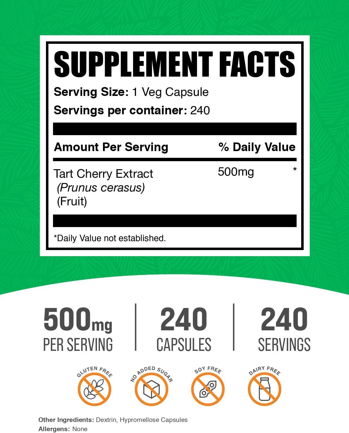 BulkSupplements Tart Cherry 500mg supplement label detailing clean antioxidant ingredients and serving size info