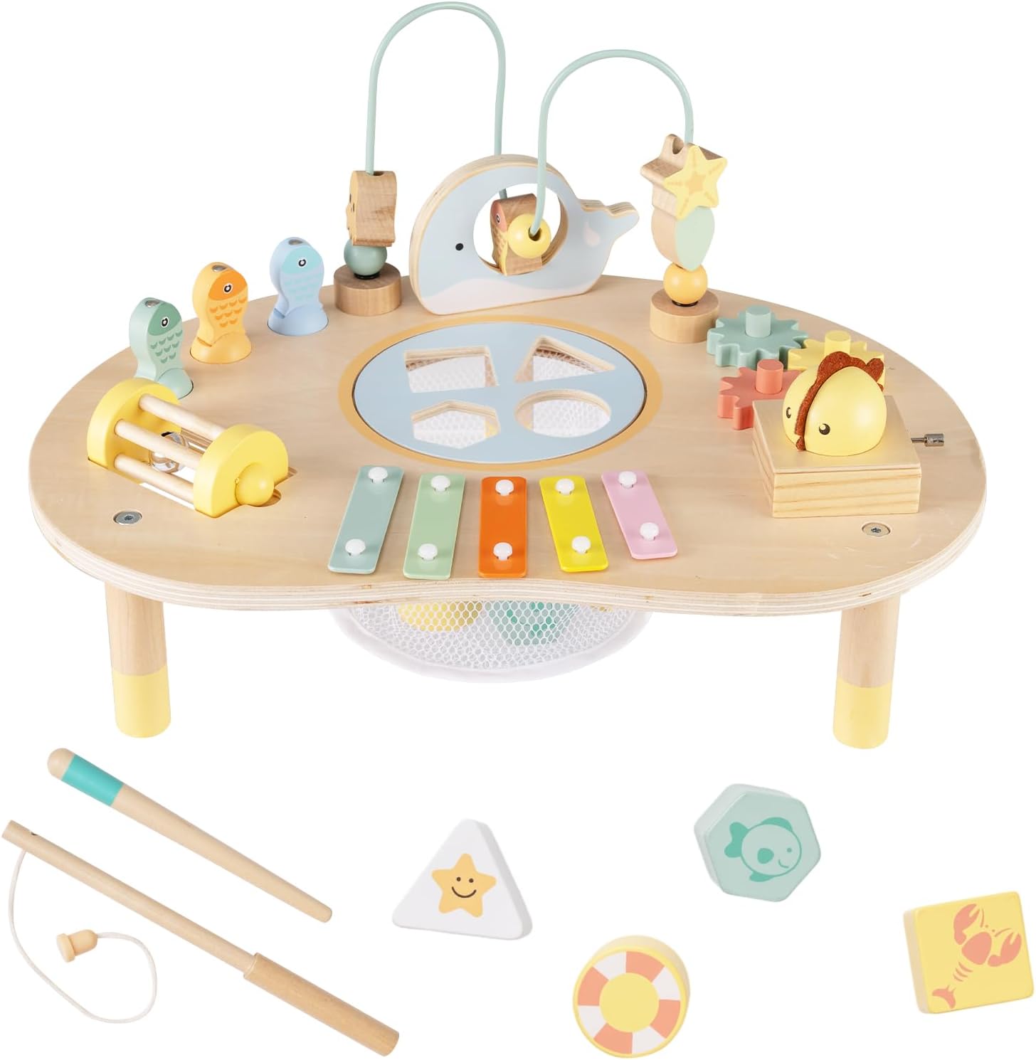 Costway Costzon 7 in 1 wooden activity table front view featuring the colorful upper bead maze and musical xylophone