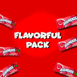 Close up view of unwrapped cherry flavored Airheads mini chewy taffy bar
