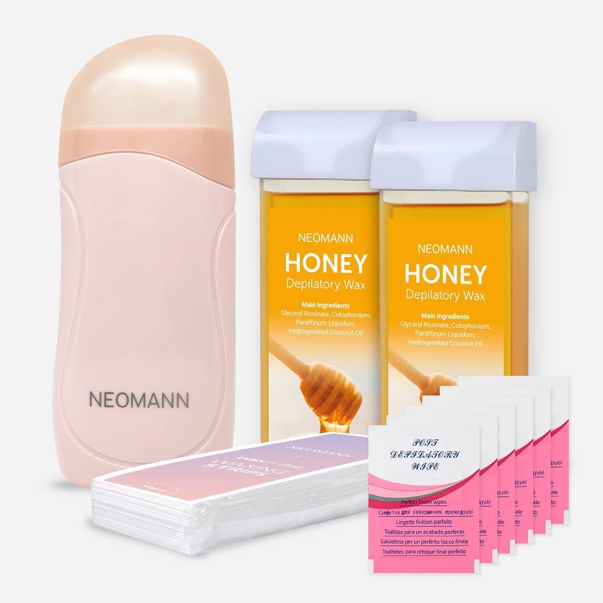 NEOMANN roll on wax kit for hair removal front view showing pink heater machine and honey cartridges