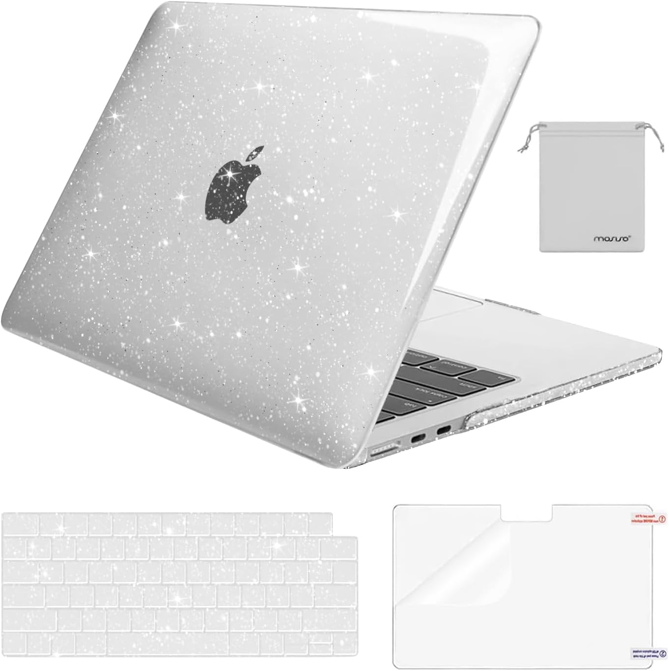 MOSISO MacBook Air 13.6 inch sparkly glitter hard shell case front view showing transparent shimmer design.