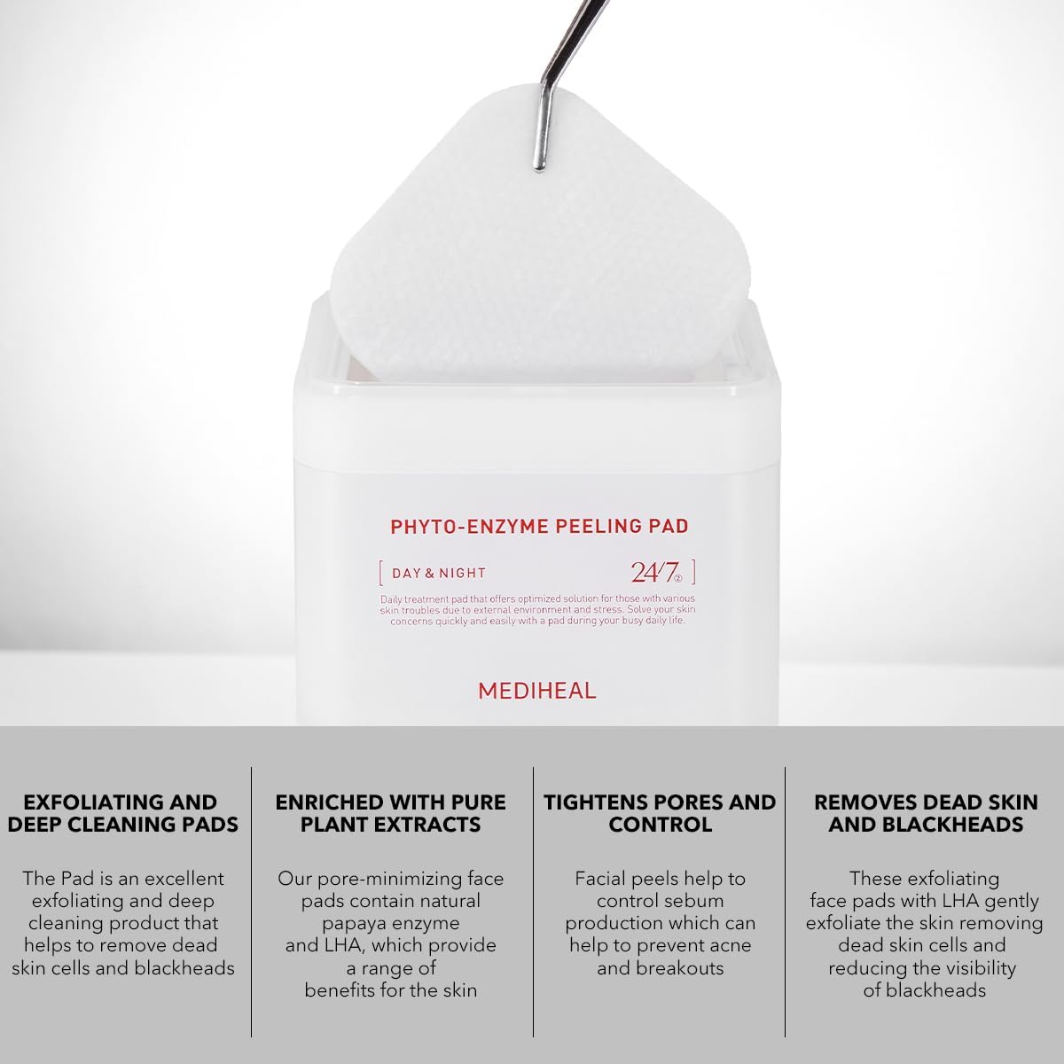 The plant based exfoliating pads being placed inside an empty original toner pad storage tub container.