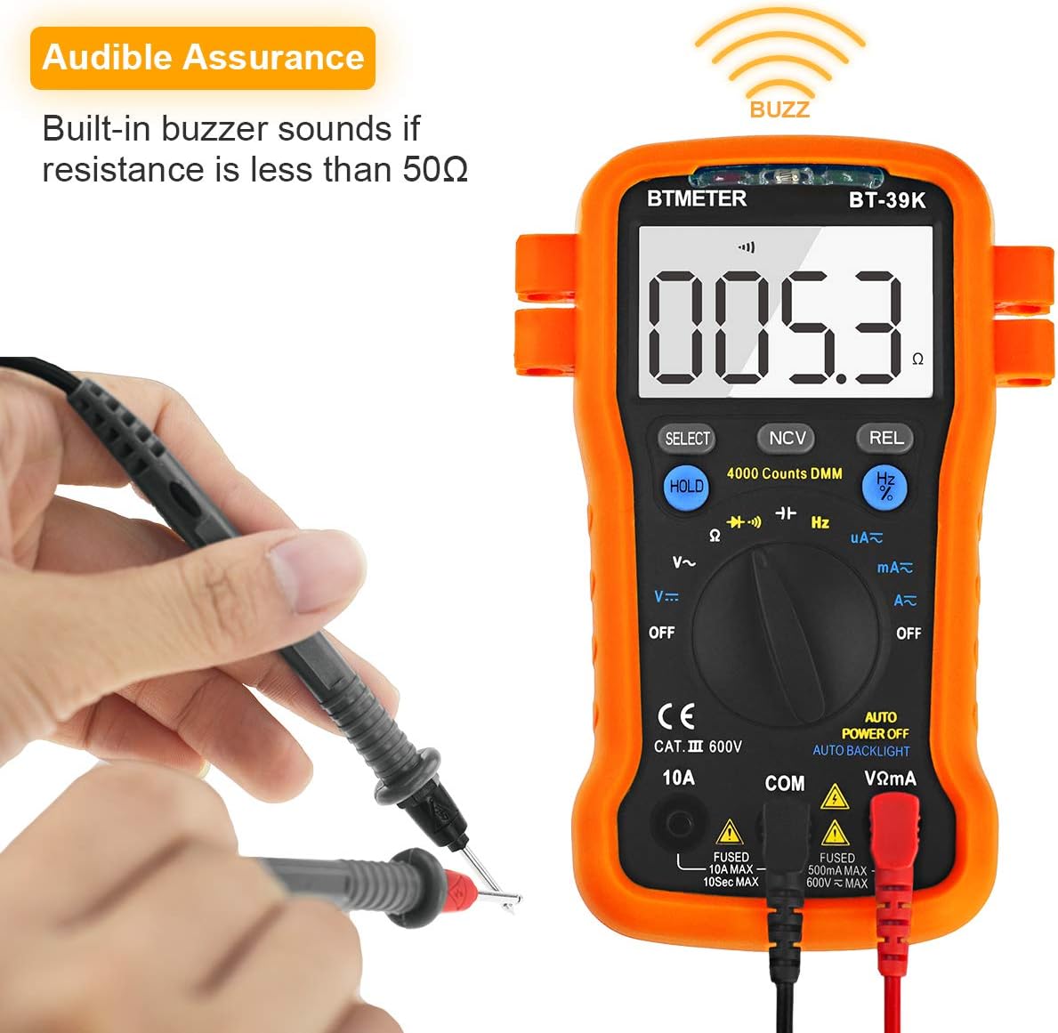 BTMETER BT-39K digital multimeter displaying rotary dial and function buttons