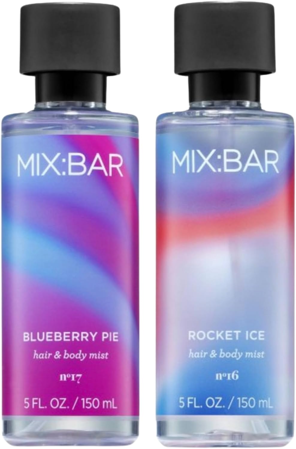 Mix:Bar hair and body mist set front view showcasing Blueberry Pie and Rocket Ice bottles