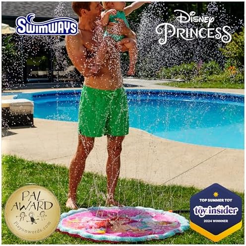 SwimWays toddler water toy connected to a standard garden hose with active fountain sprinklers.