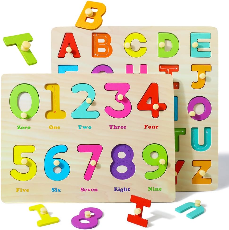GRINNNIE Toddler Wooden Alphabet and Number Peg Puzzle front view displaying uppercase letters and digits zero to nine.