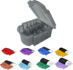 Dodaer stainless steel guide comb set front view showing eight vibrant color-coded pet grooming attachments.