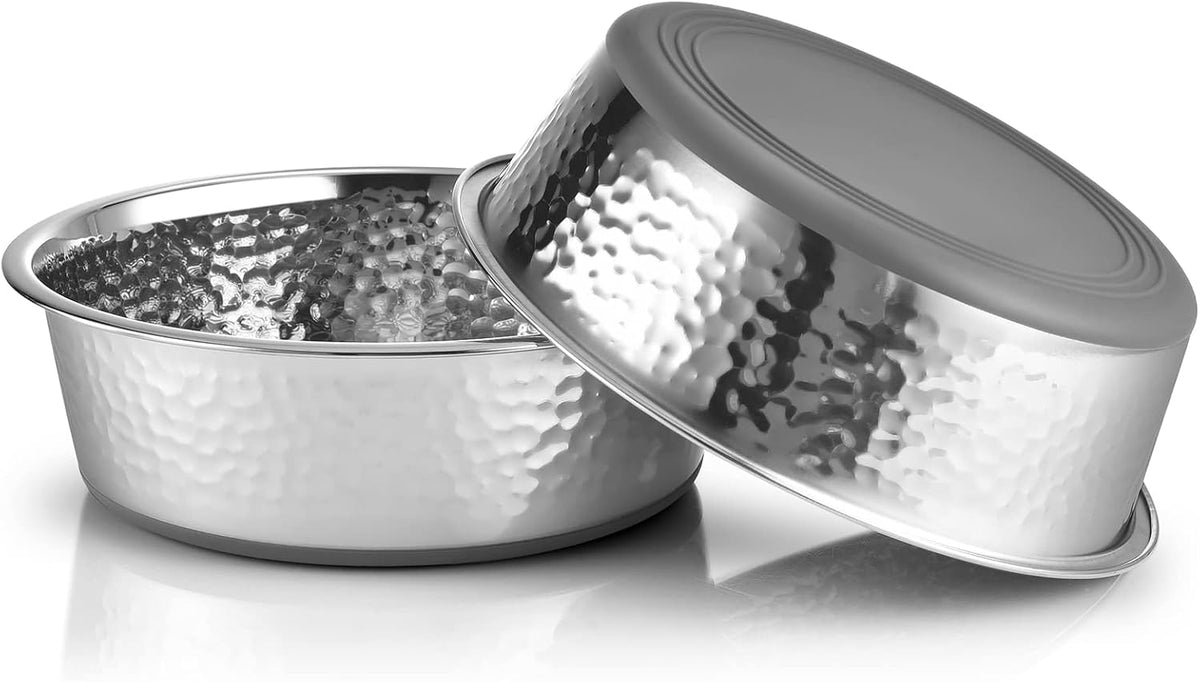 URBUDDIES hammered stainless steel dog bowls front view