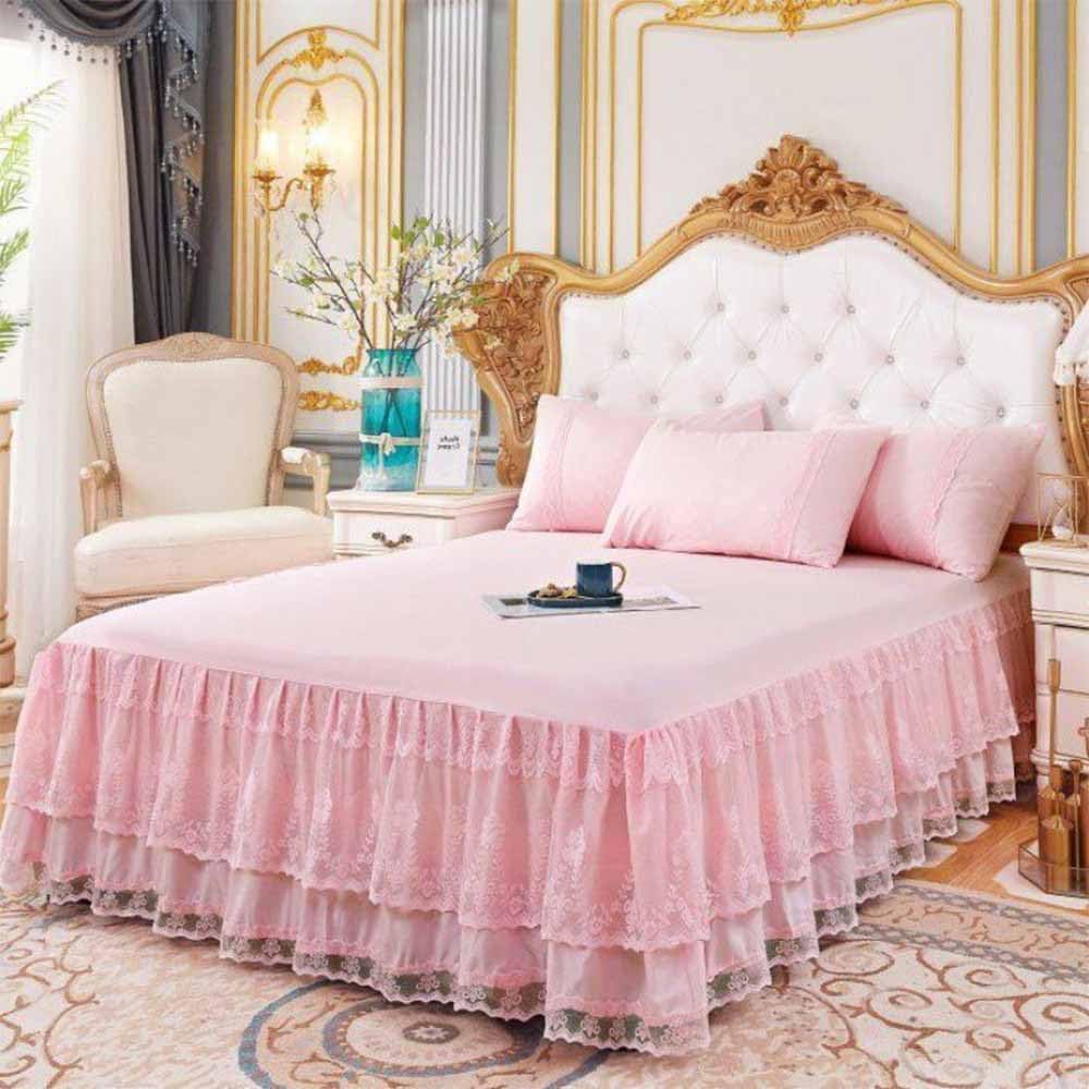 YingXue double lace bed skirt pink front view