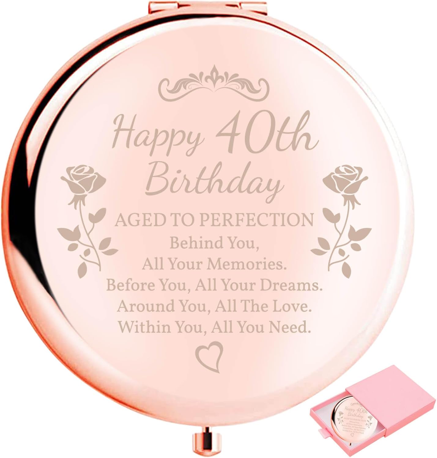Daricano 40th birthday compact makeup mirror front view showing rose gold finish and floral engravings.