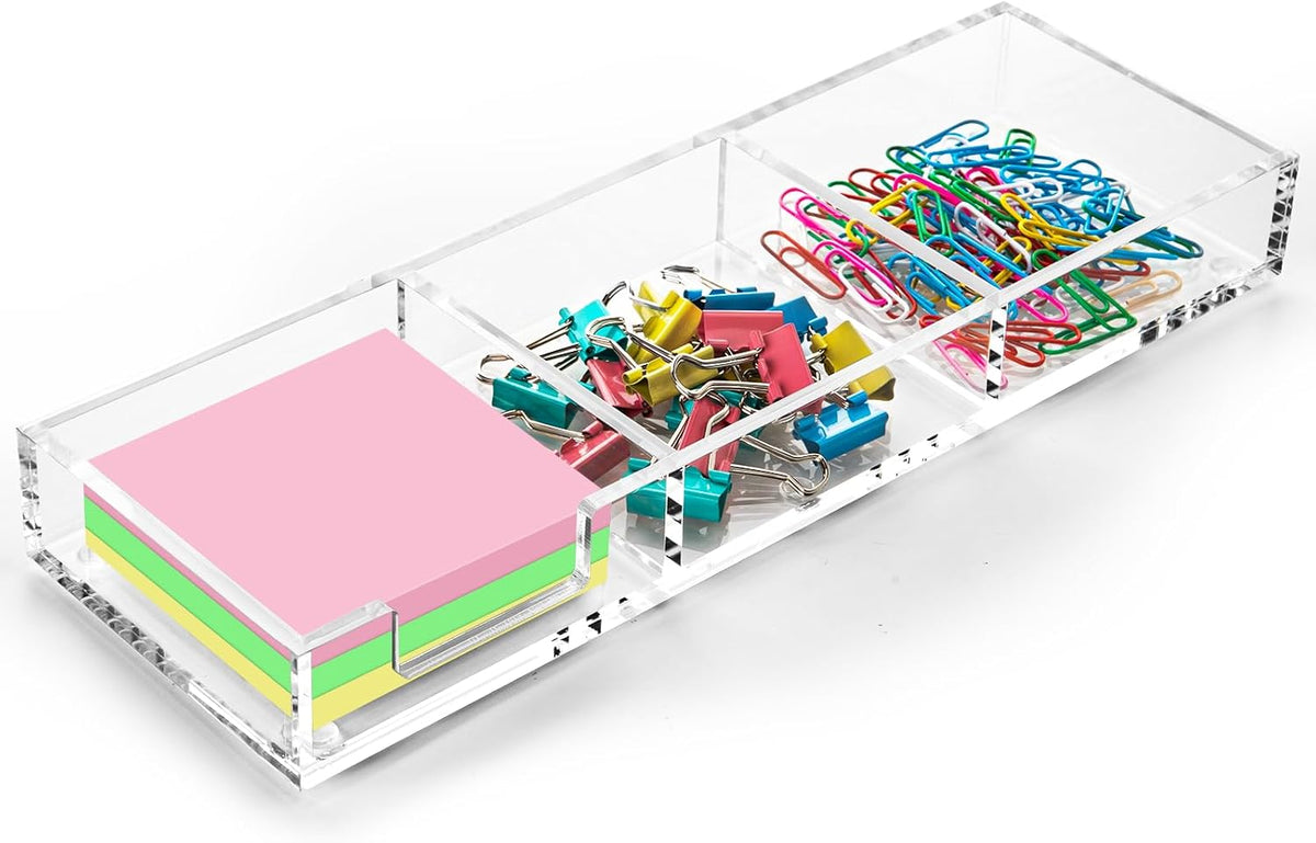 Top-down perspective of WORHE clear acrylic notepad holder.