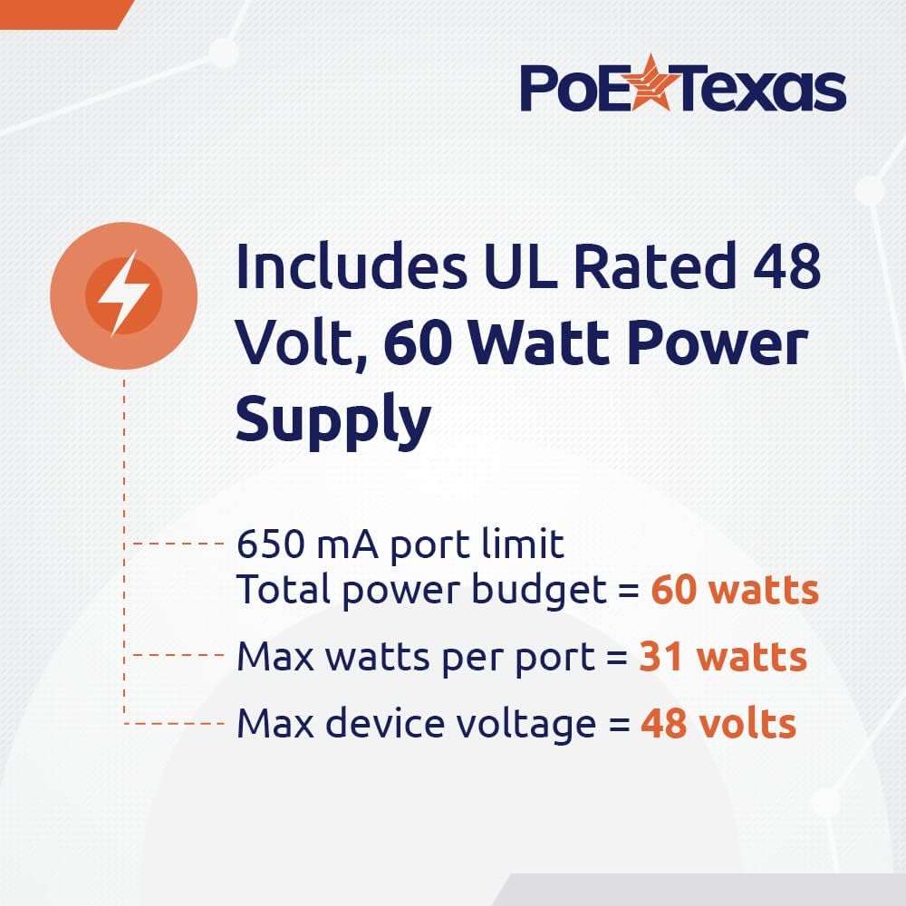 PoE Texas 8-port injector connected with Ethernet cables