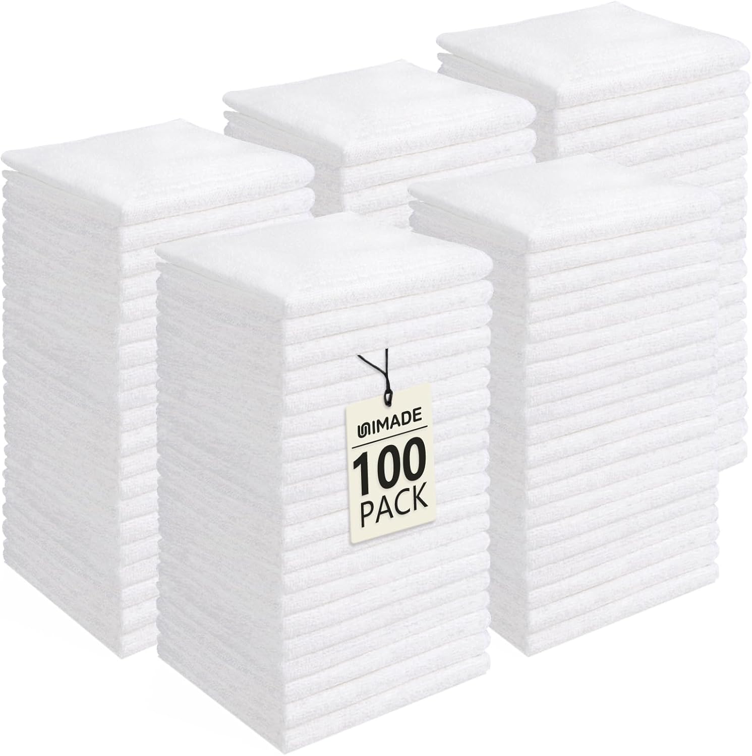 Unimade 100 pack white microfiber washcloths front view