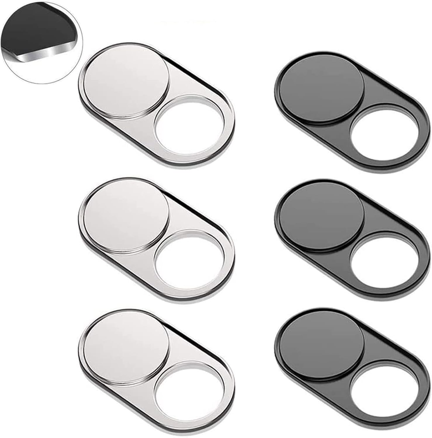 Cimkiz webcam cover slide front view showing black and silver metal privacy shields for laptops.