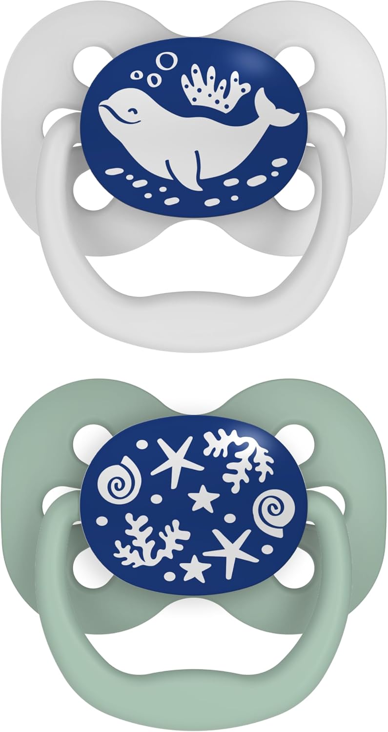 Dr Brown's Natural Flow Baby,Infant Silicone Dr. Brown's Advantage Pacifiers, Stage 1, Glow in The Dark, Pack of 2, Blue, Birth+ to 6M - Image 1
