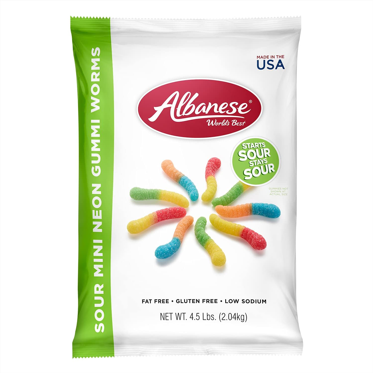 Albanese sour mini neon gummi worms front view authentic imported candy bag
