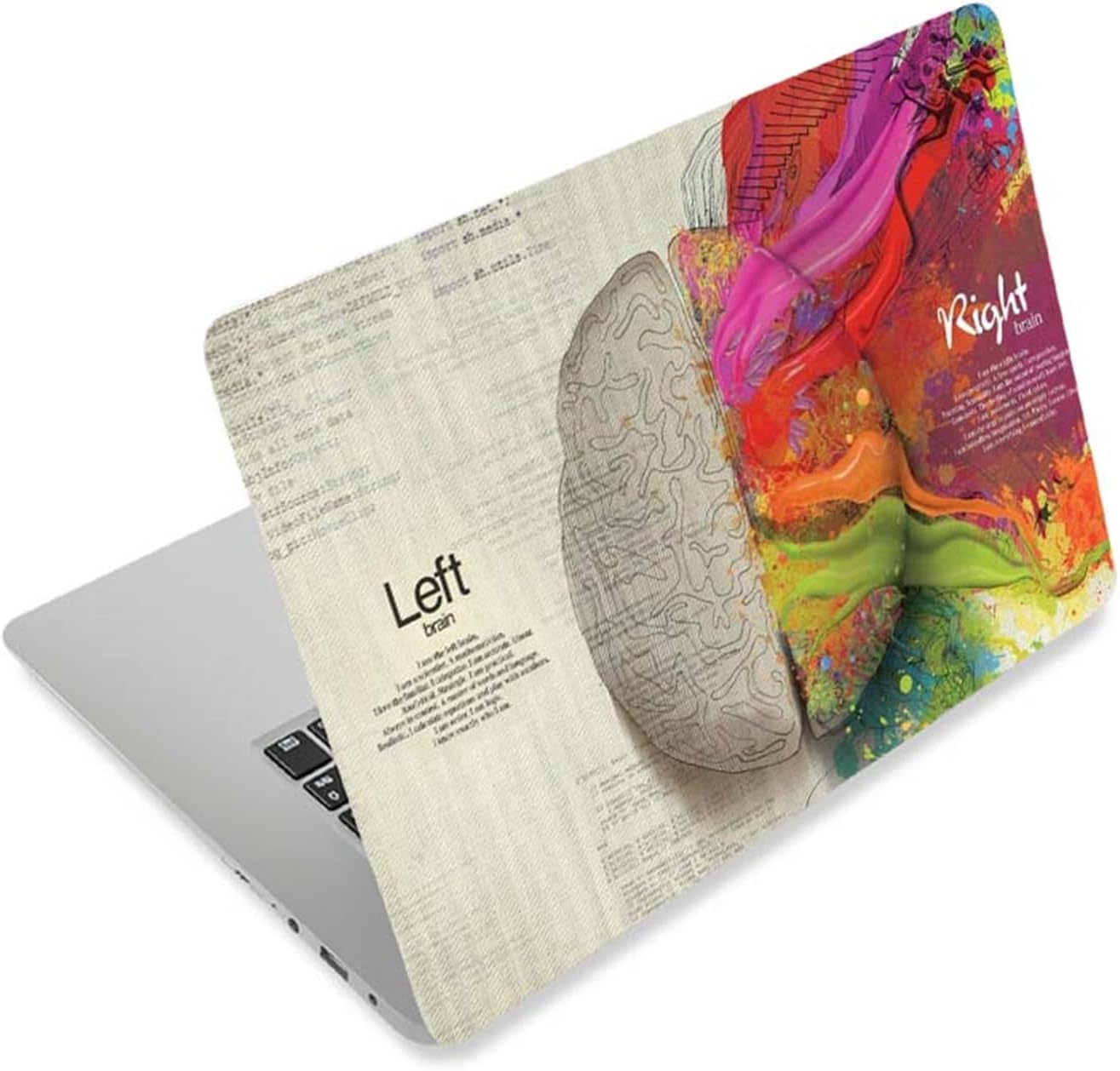 Alayra 3D Print Laptop Skin Vinyl Sticker Decal front view featuring a colorful Left Right Brain human anatomy art design.
