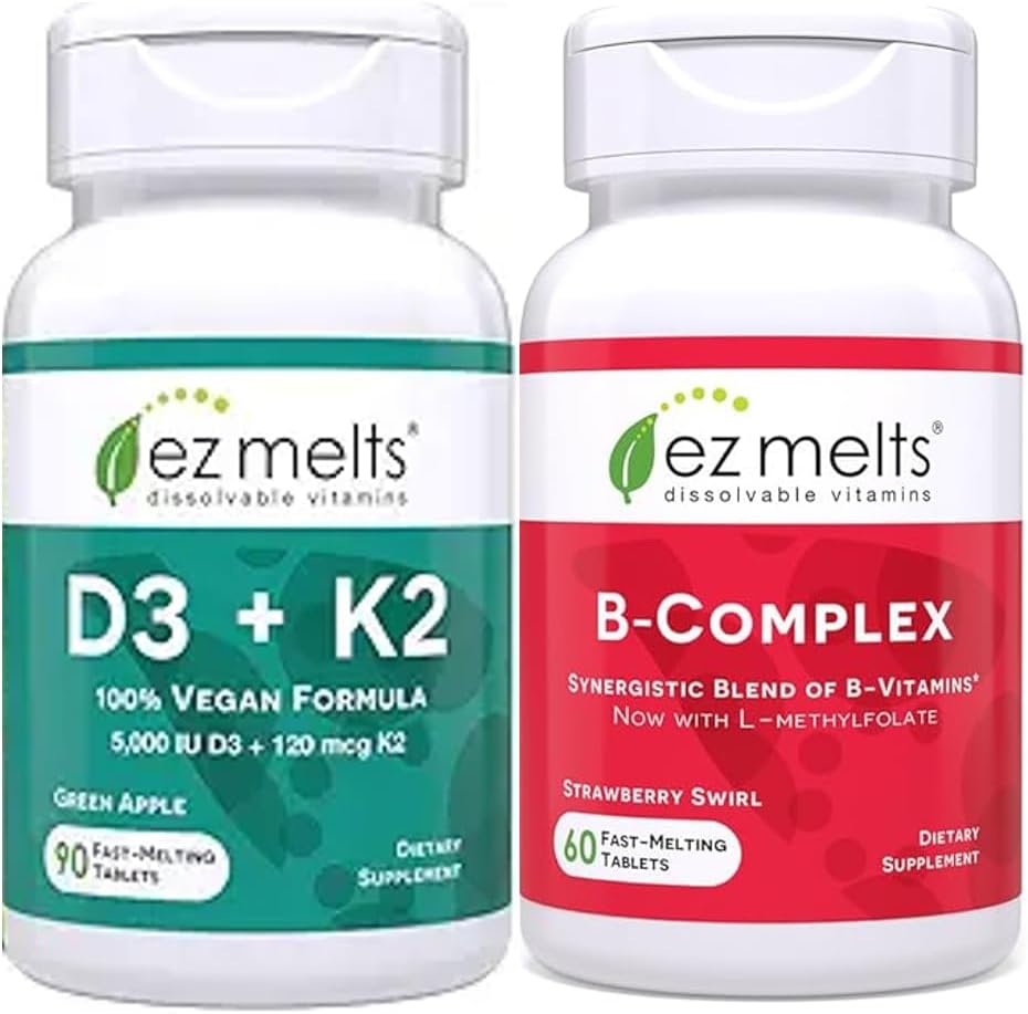 EZ Melts Vitamin D3 K2 and Vitamin B-Complex Bundle front view bottles on a clean background showing zero sugar logo.