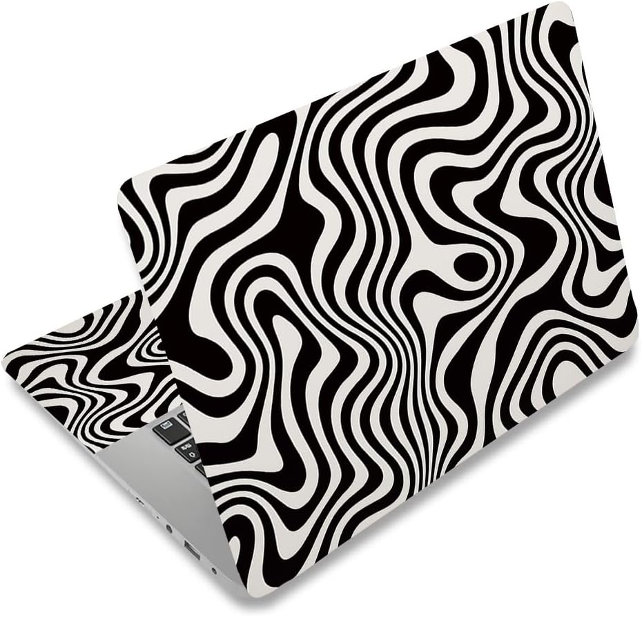 PLIGREAT 15 inch laptop skin sticker front view displaying black and white classic liquid wave pattern on a modern notebook lid.