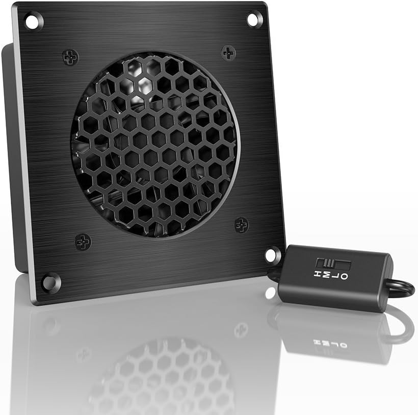 AC Infinity AIRPLATE S1 quiet cabinet cooling fan front view showing brushed black aluminum frame.