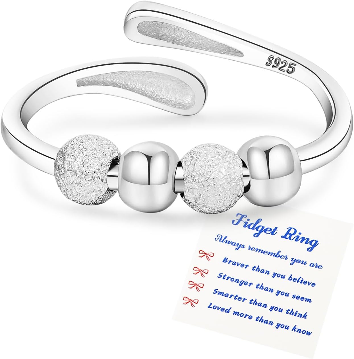 Senteria anxiety rings for women sterling silver adjustable spinner ring front view showcasing moving beads