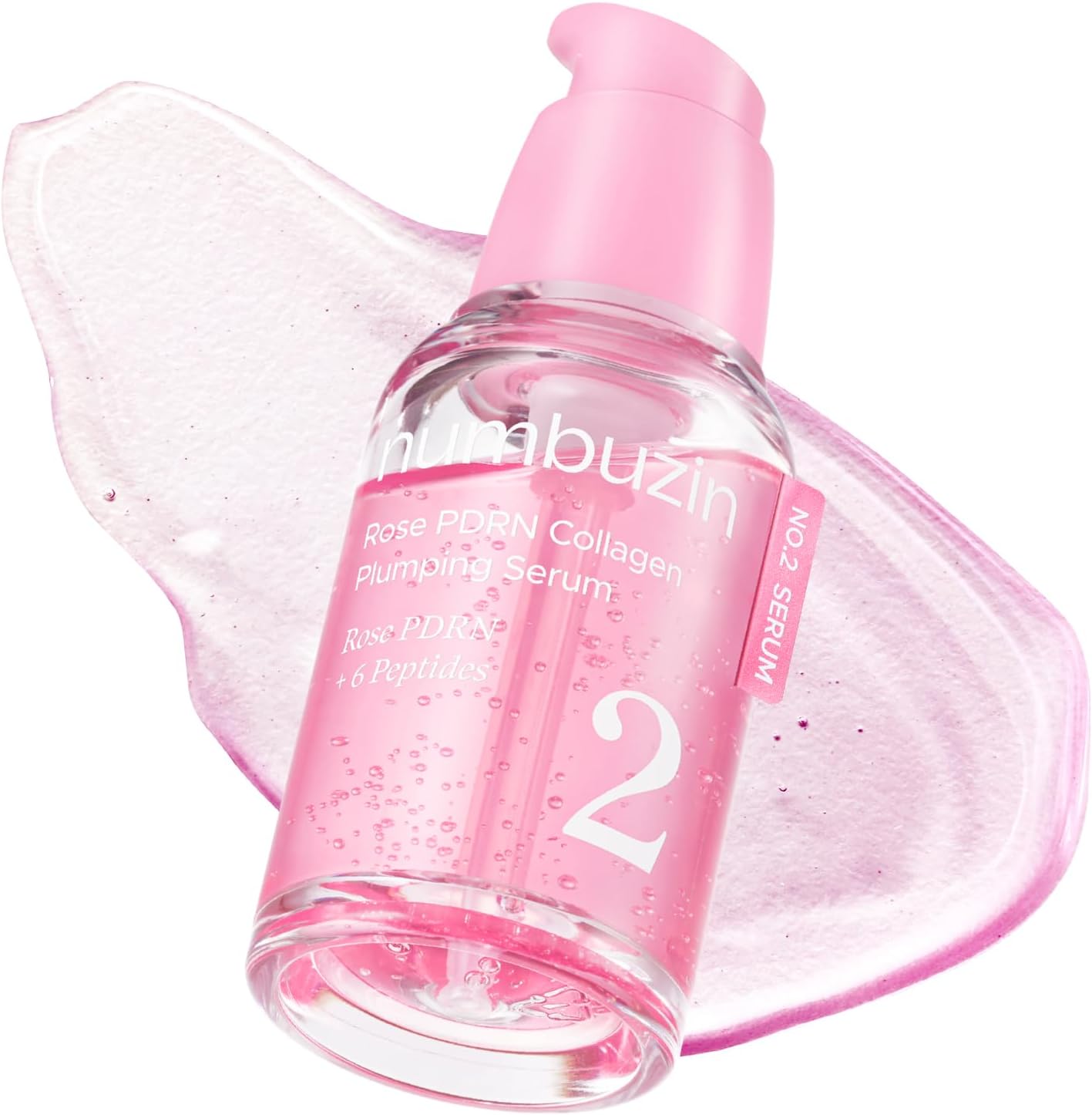 Numbuzin Number Two Rose PDRN Collagen Plumping Serum front view of the clear glass bottle with pink pump dispenser.