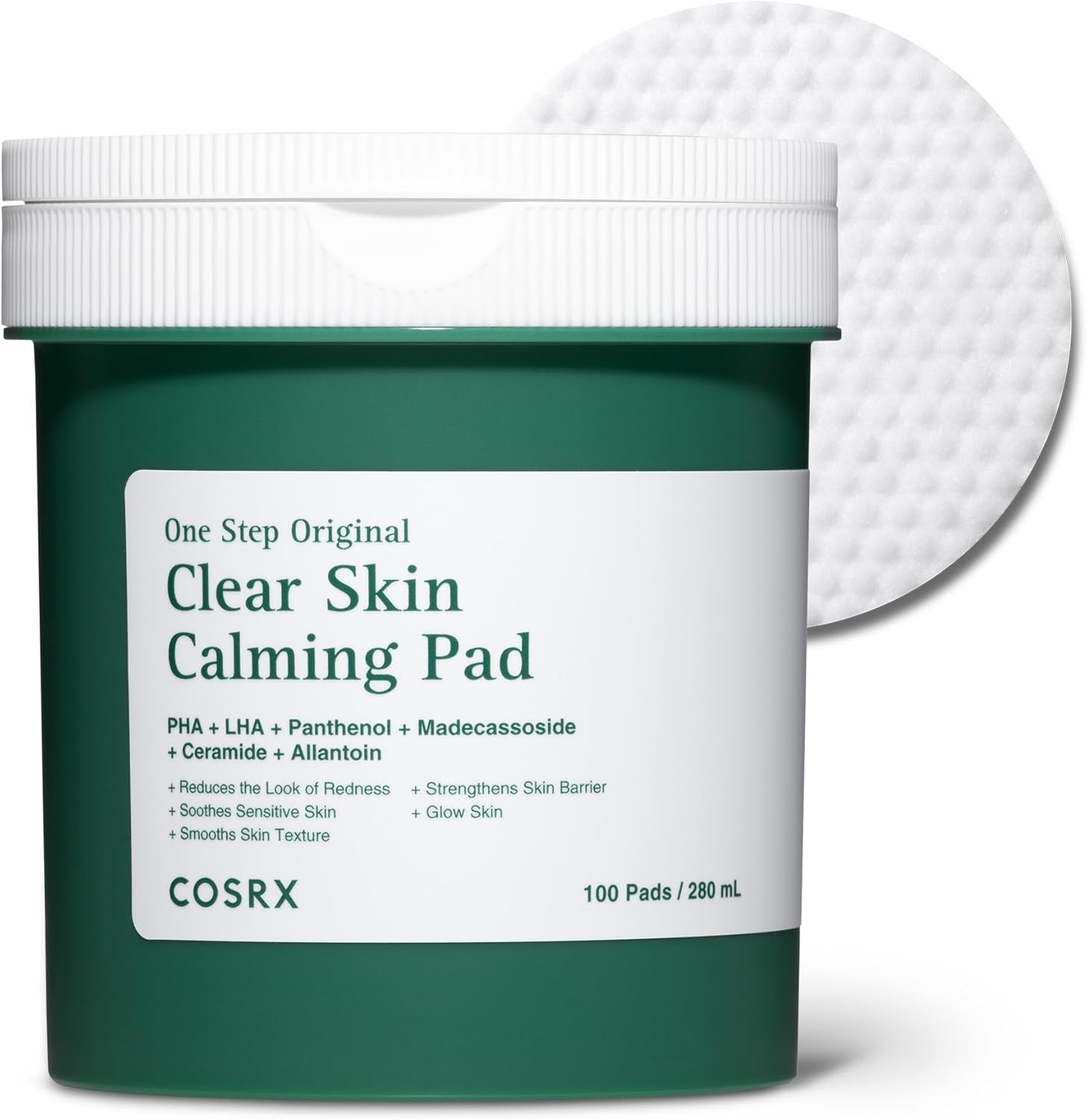COSRX One Step Original Clear Skin Calming Pad front view of green container