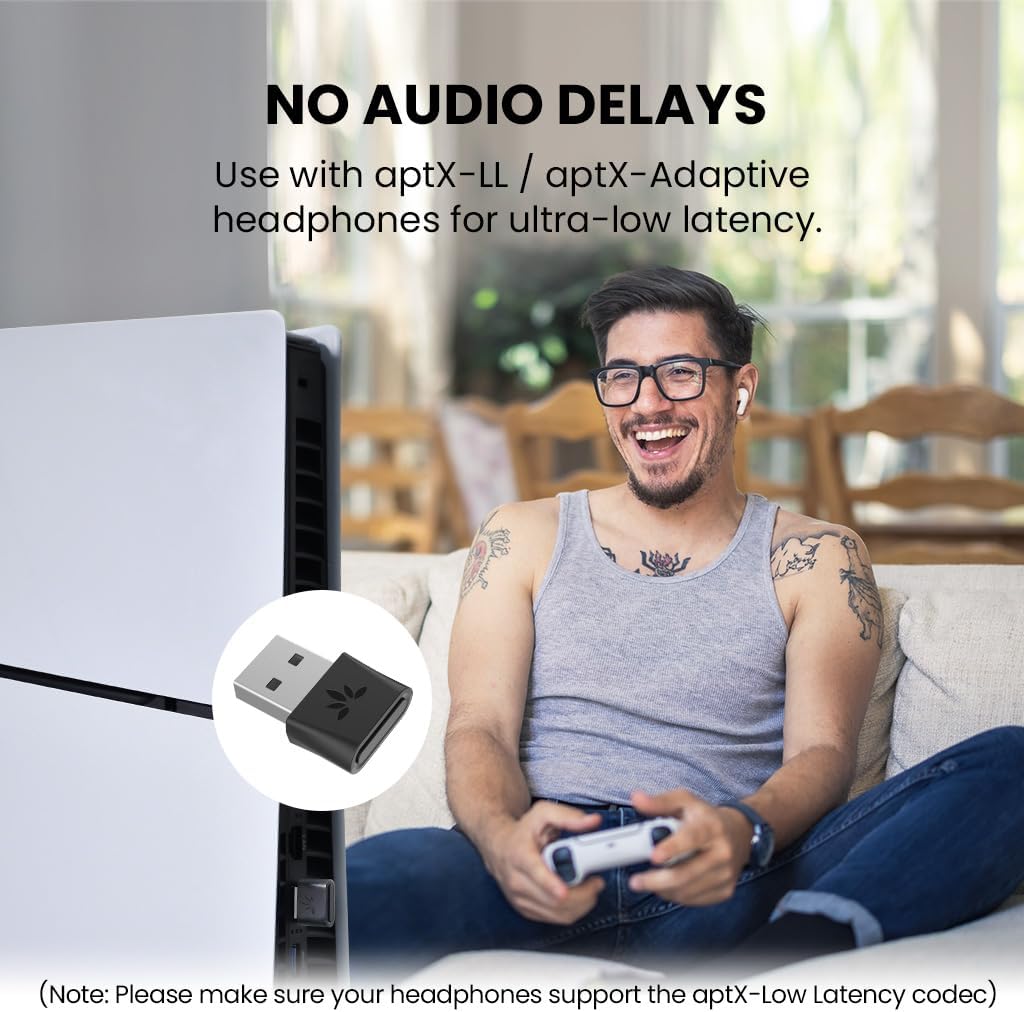 Avantree DG80 wireless audio transmitter plugged into a console port