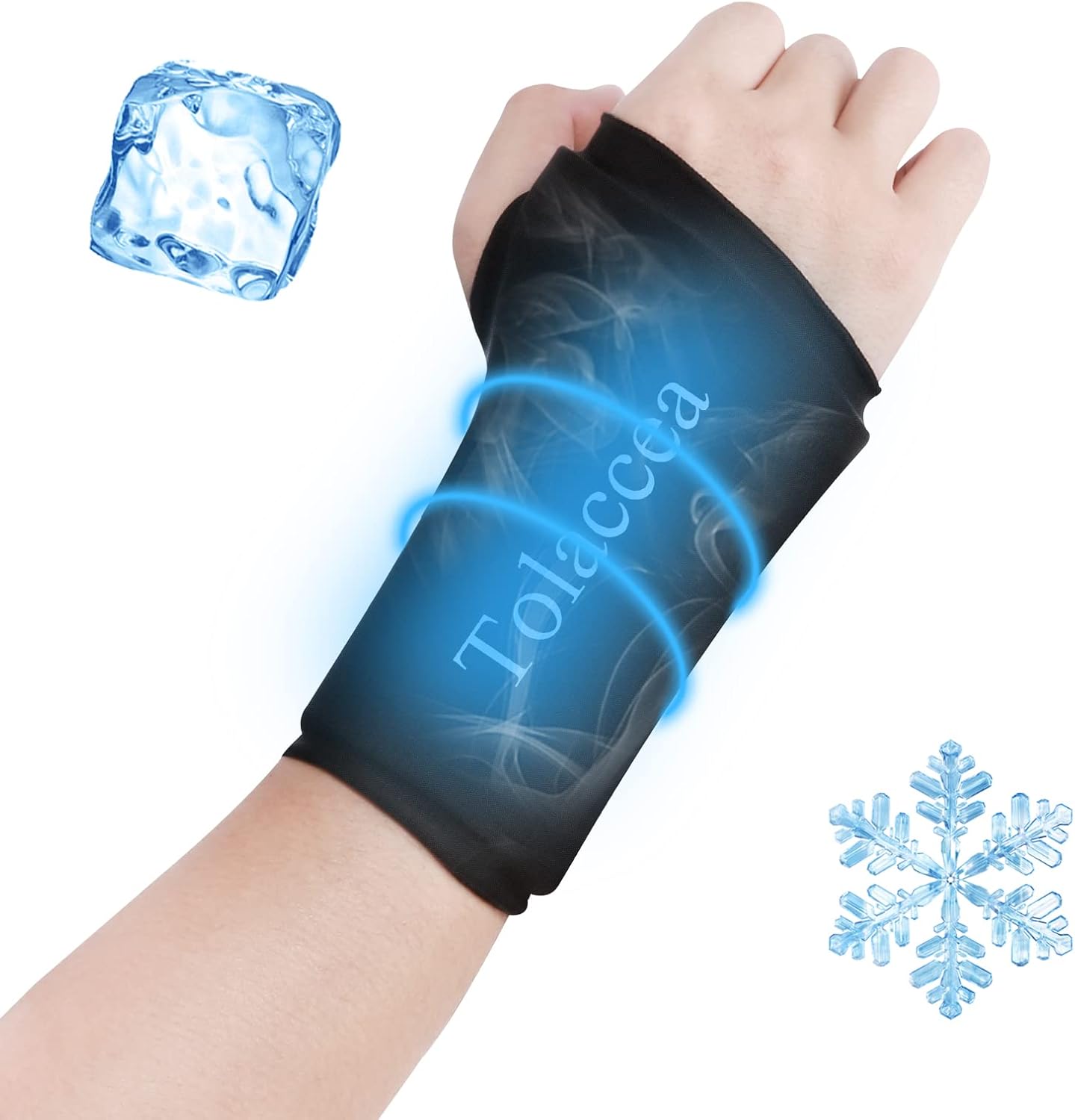 Tolaccea wrist ice pack wrap front view and compression sleeve design