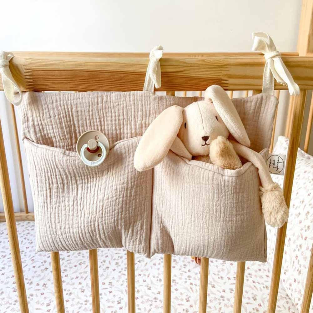 YeeMan cotton baby bedside hanging storage bag in oatmeal front view