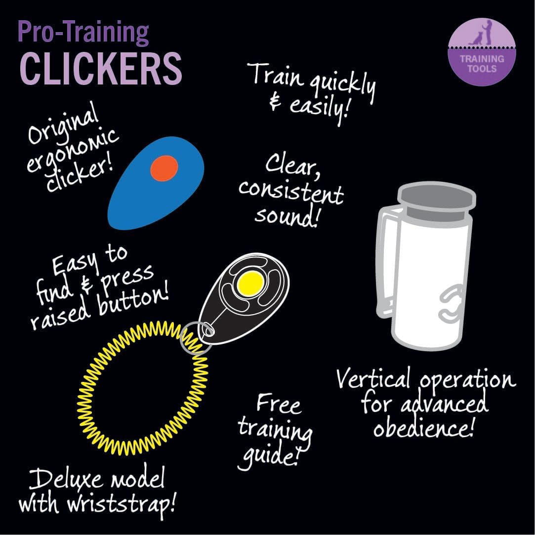 Handheld view of StarMark blue teardrop shaped clicker tool for puppies