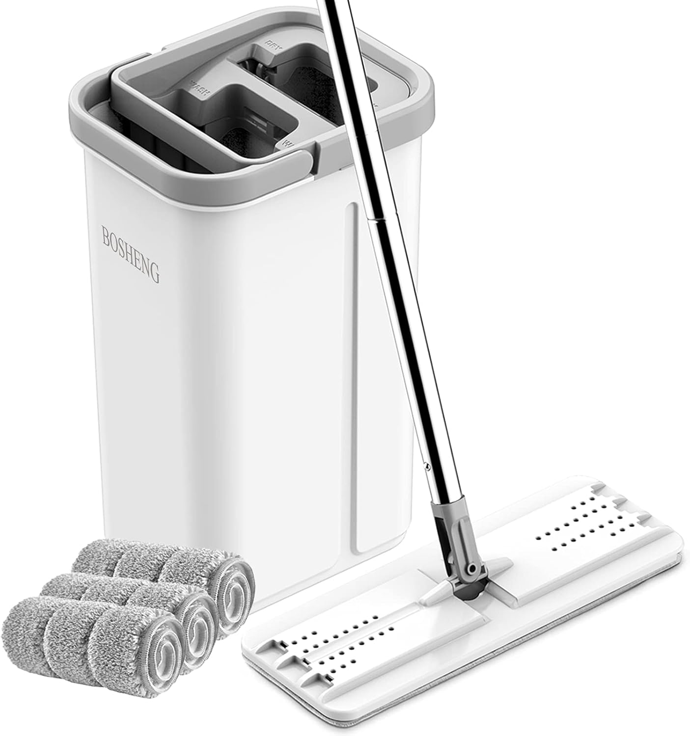BOSHENG hands free flat mop and bucket set front view for floor cleaning.
