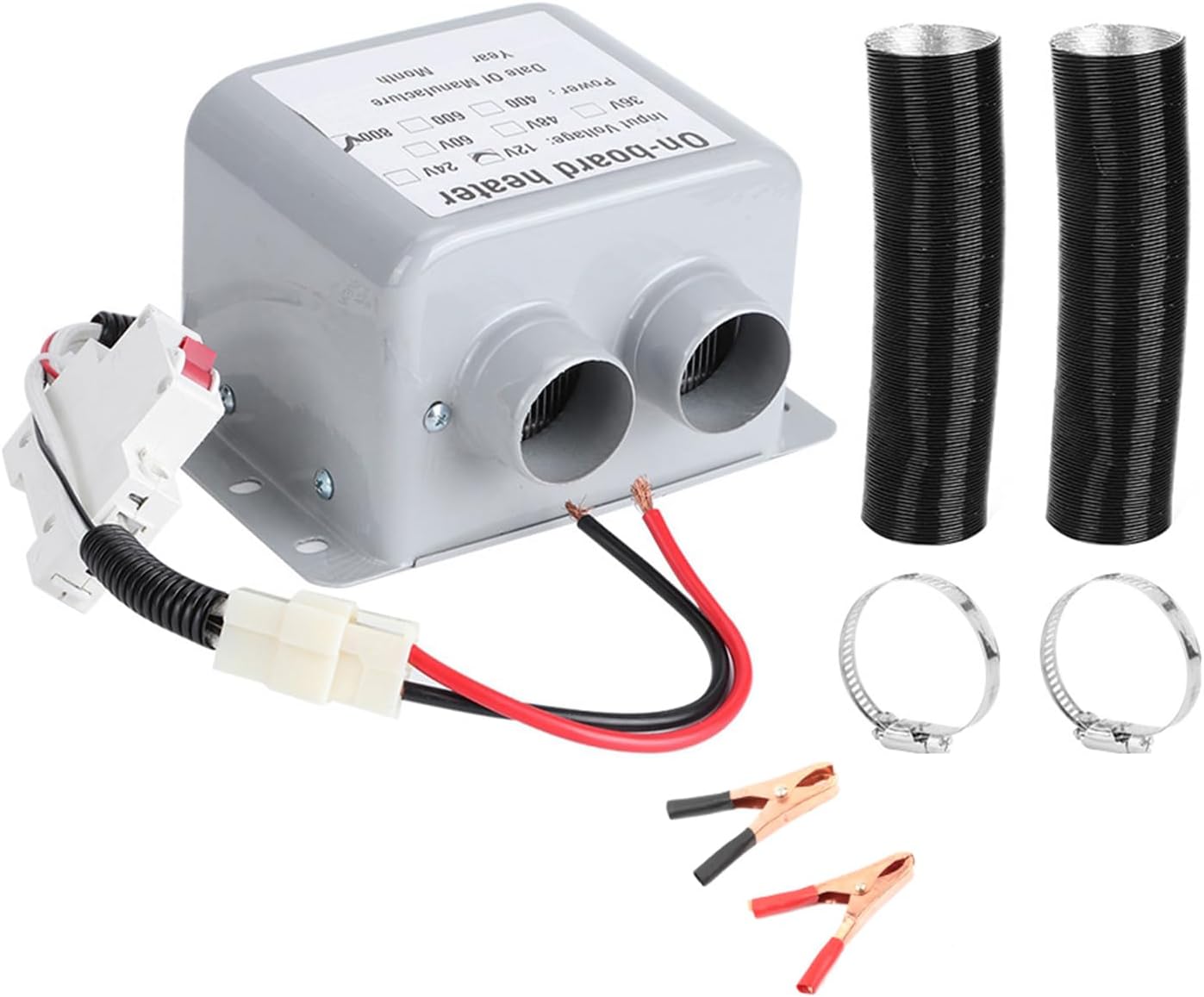 Estink 12V 800W Windshield Defogger Defroster front view showcasing the dual air outlets and durable metal housing.