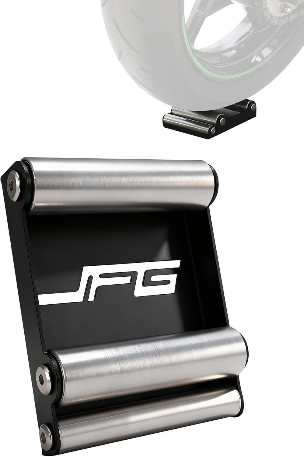 JFG RACING motorcycle wheel cleaning stand premium black aluminum frame front view