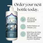 Close up view of Ultra Oil premium pet supplement highlighting the authentic human grade USA imported certification logo.