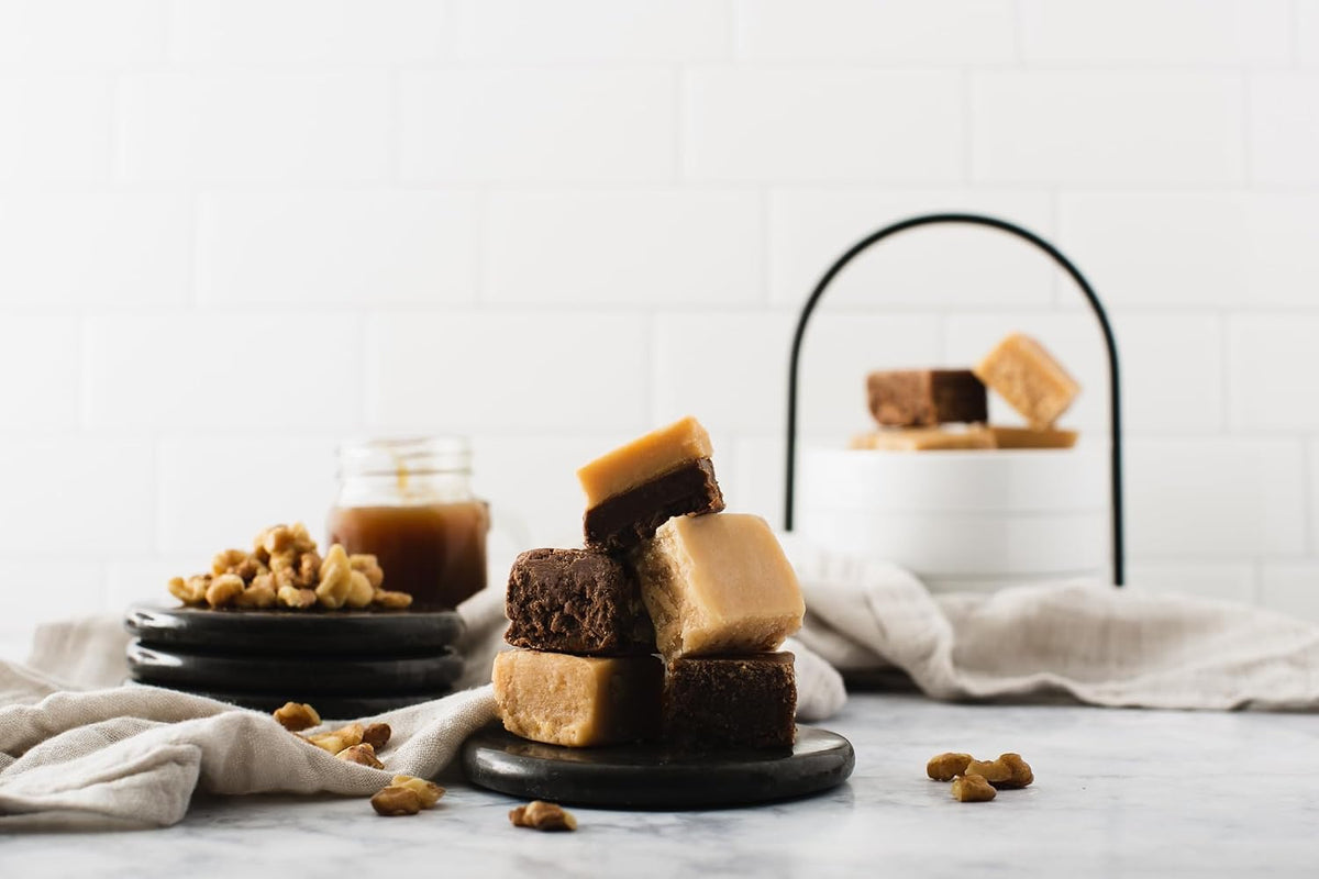 Handcrafted imported USA fudge assortment cut into bite-sized squares for festive gifting.