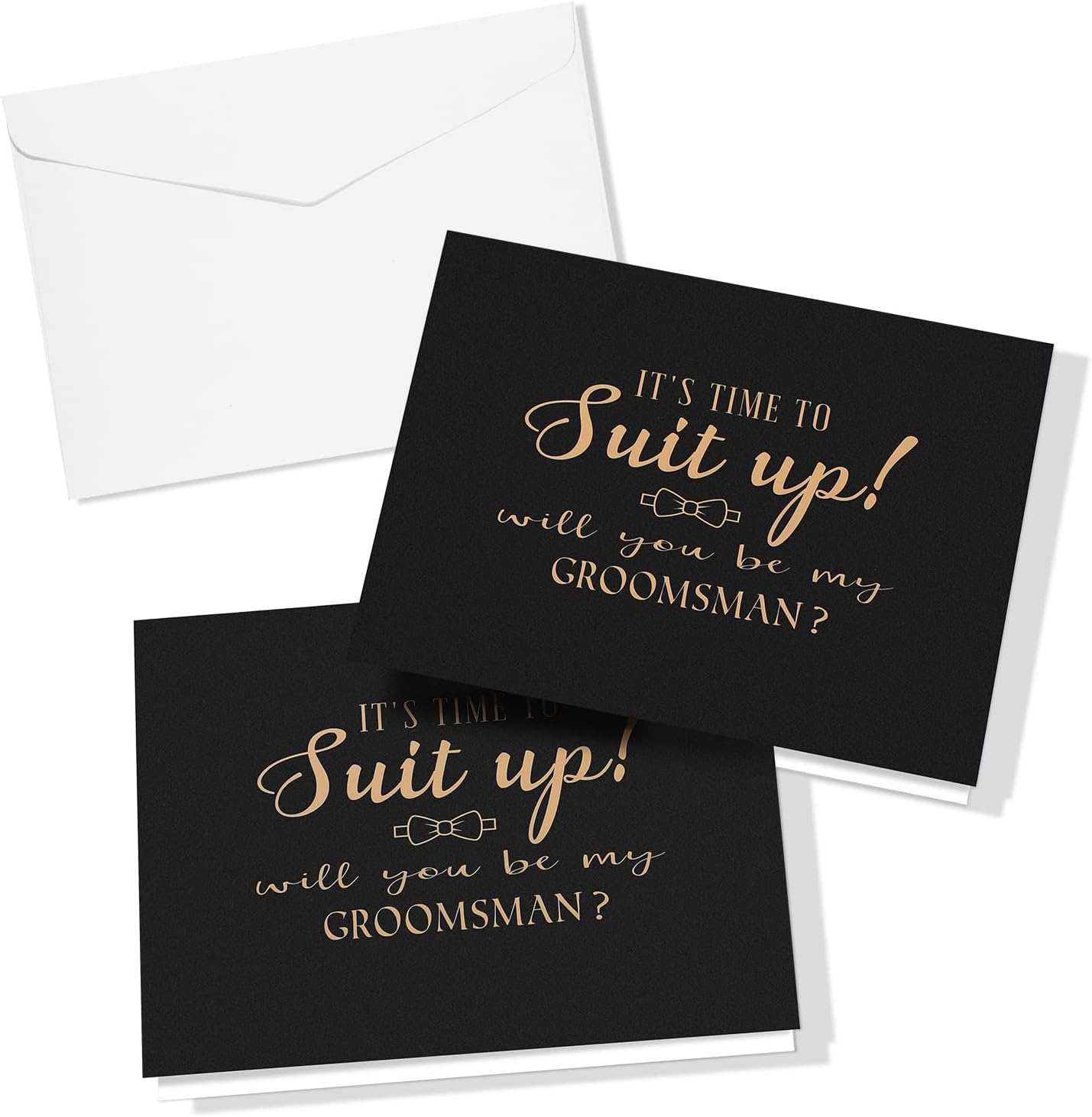 Spakon groomsman proposal cards front view showing black and gold suit up bow tie design