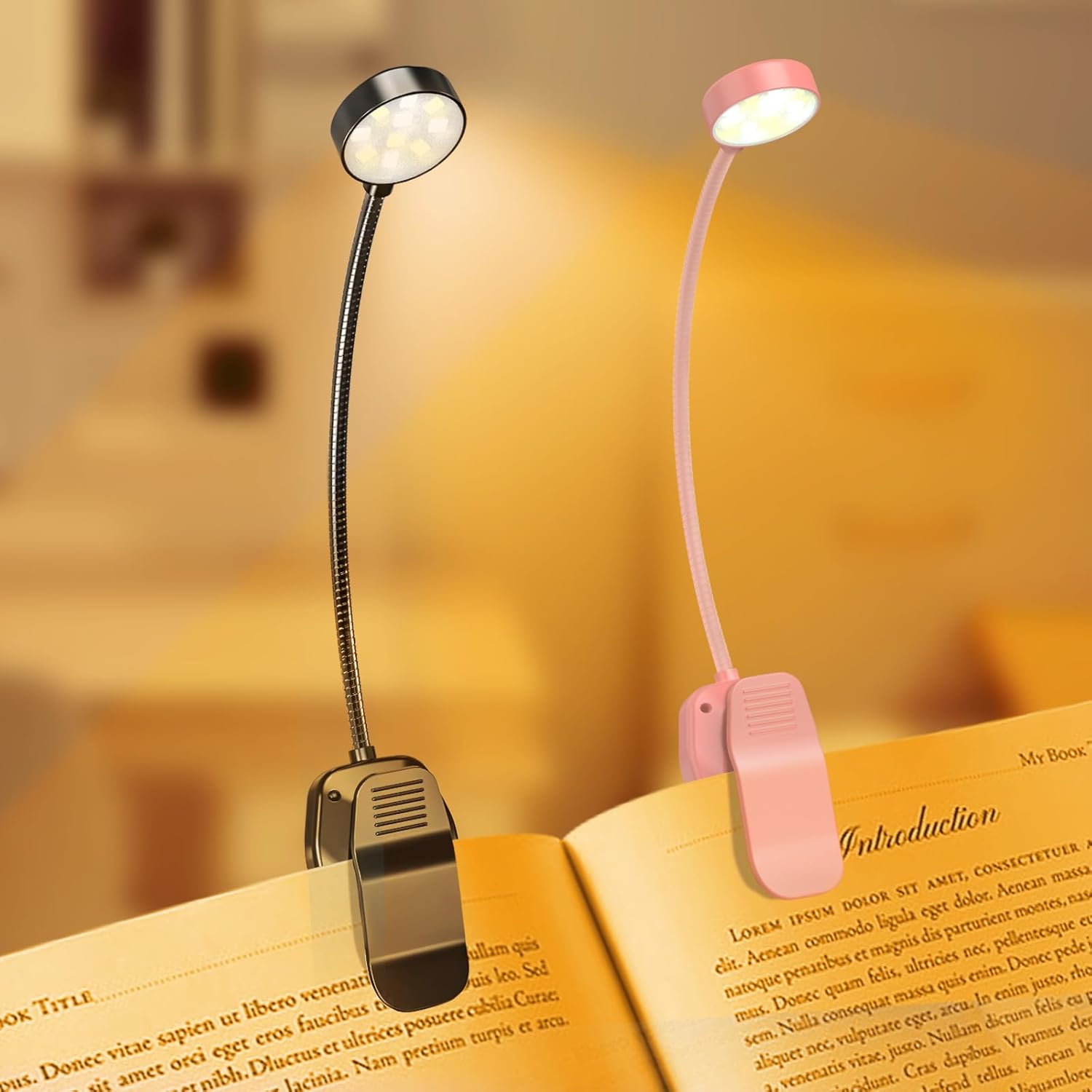 KTEBO rechargeable clip on book light front view showing the 10 LED light head and flexible gooseneck