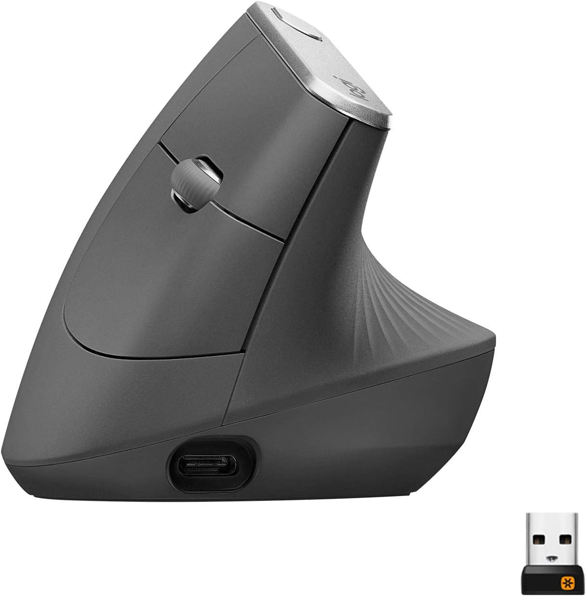 Logitech MX Vertical wireless mouse front view displaying the premium ergonomic design
