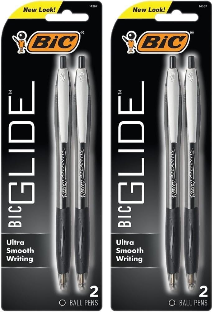 Two count pack of BIC Glide black medium point retractable ballpoint pens