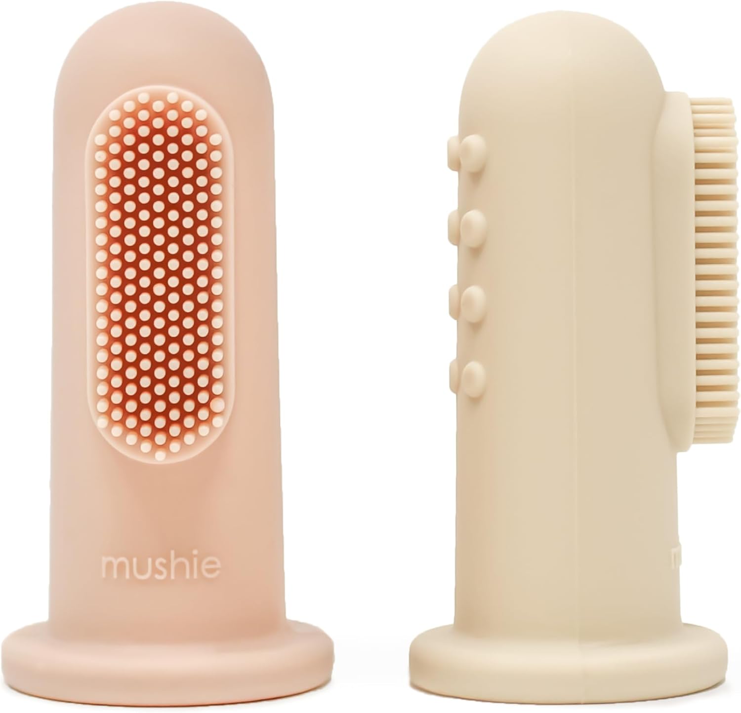 Mushie Baby Finger Toothbrush 2 Pack front view in Blush and Shifting Sand colors.